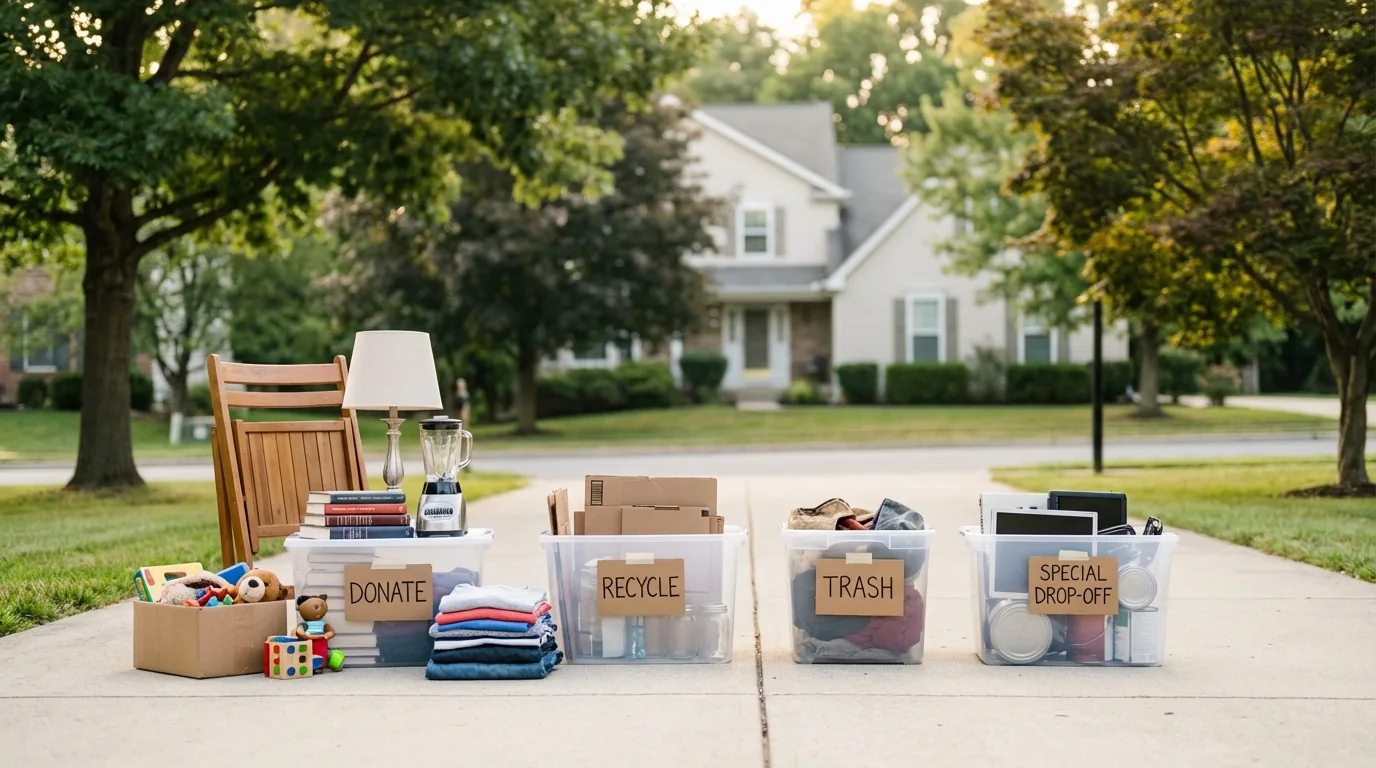Organized household items sorted into donate recycle trash and special drop-off bins