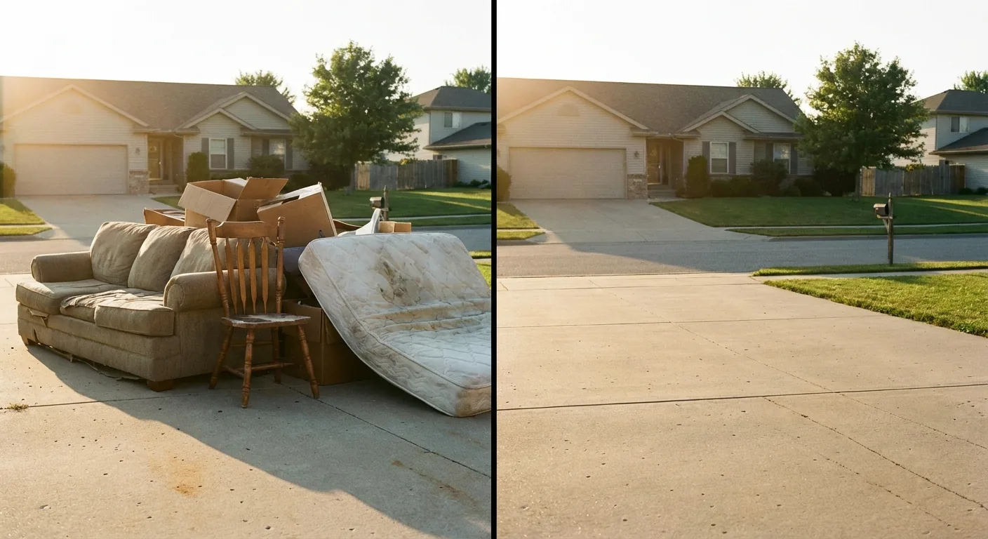 Before and after: cluttered driveway with junk versus clean empty driveway after removal