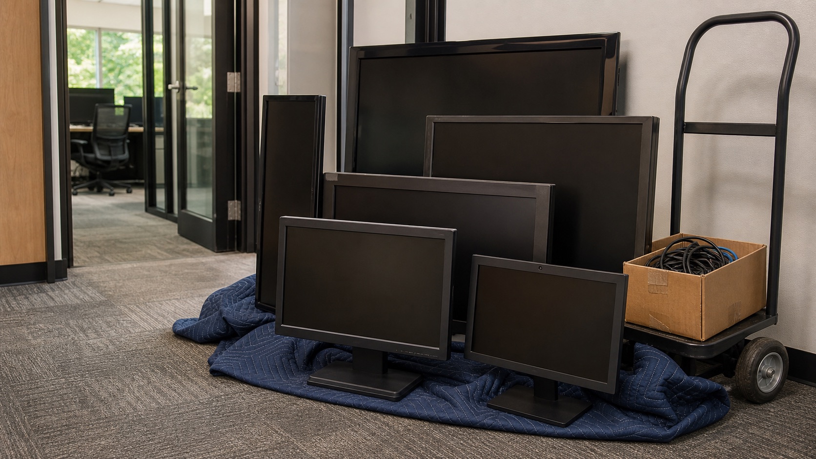 Old TVs and office electronics staged neatly for a Howard County commercial cleanout