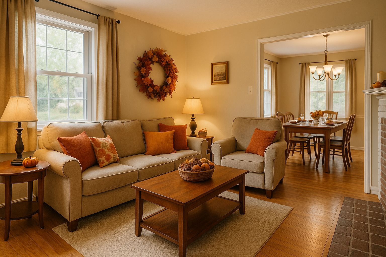 Warm, inviting living room decorated for Thanksgiving in Howard County home