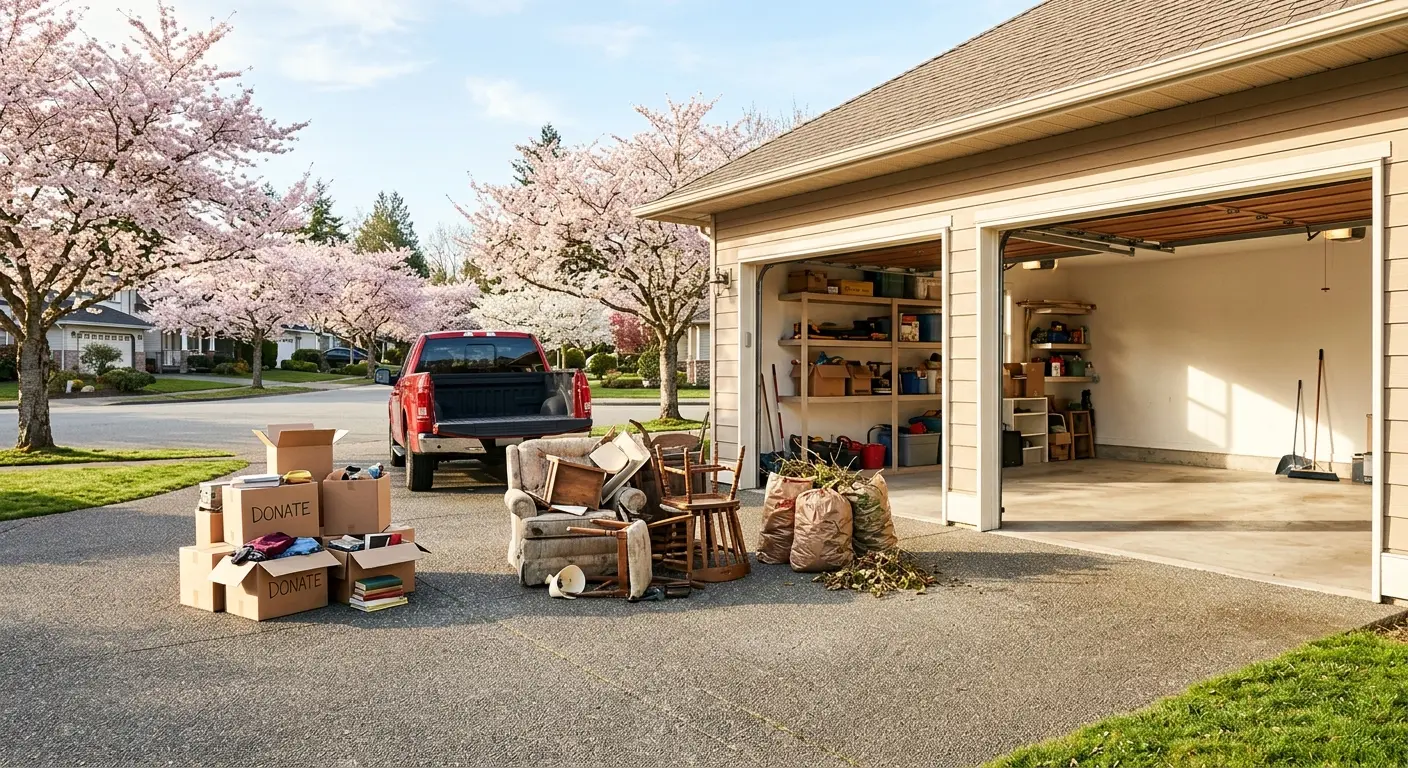 Open garage during spring cleaning with sorted donation boxes and items ready for junk removal in Howard County