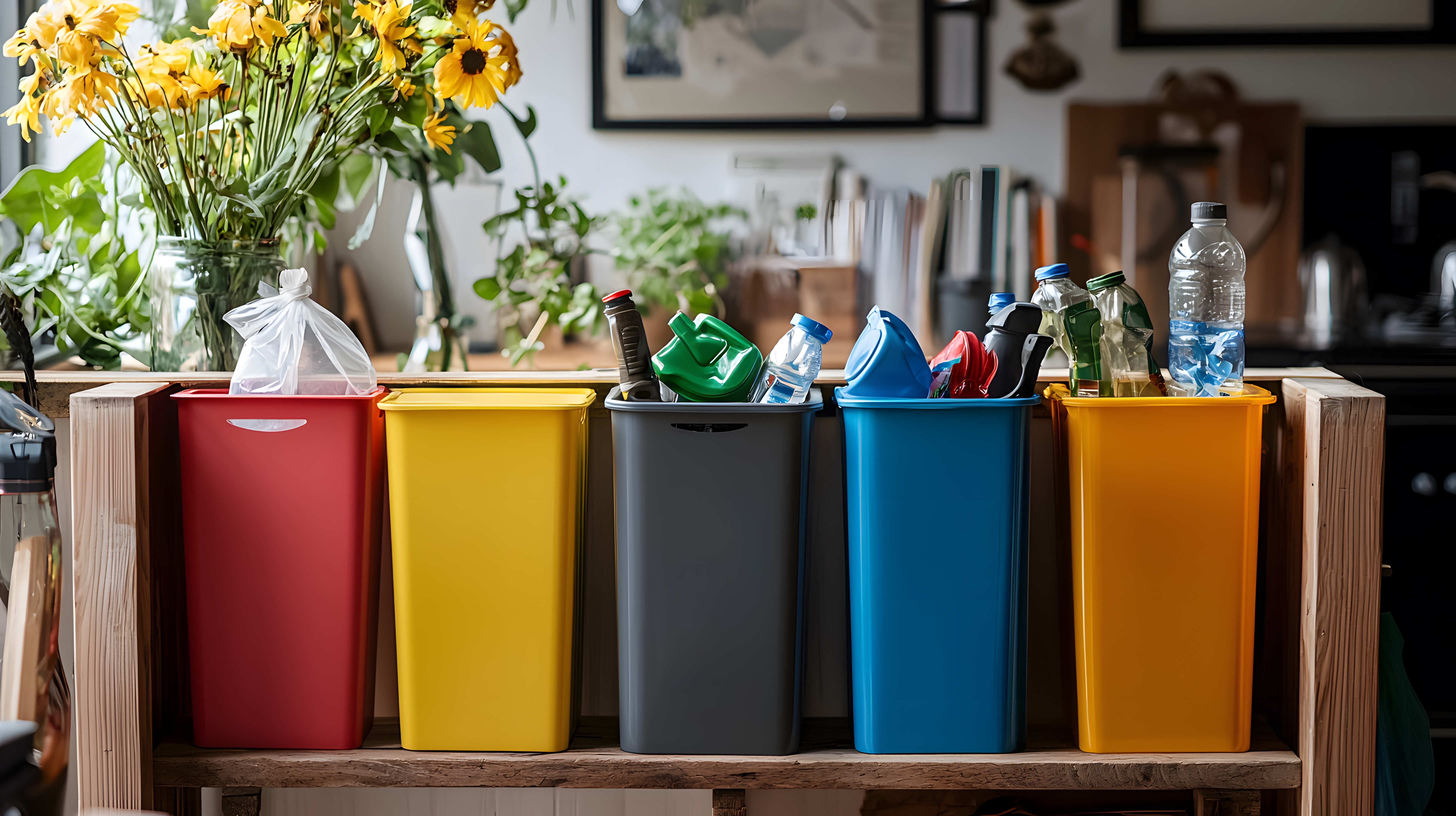 Colorful recycling bins in a modern home kitchen for sorting different types of recyclable materials