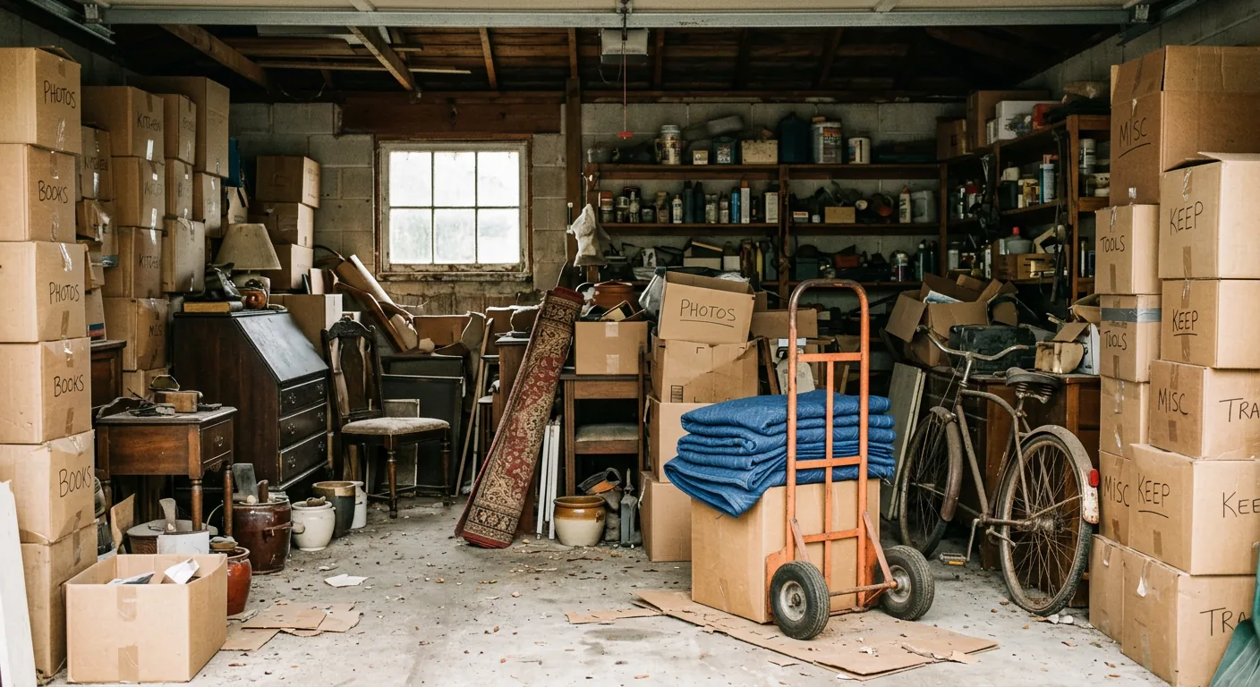 Empty garage after estate cleanout with sunlight streaming in