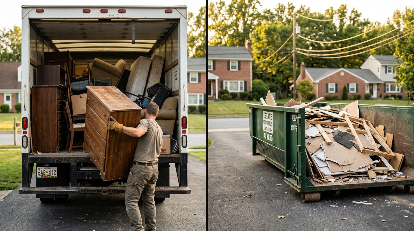 Junk removal truck parked next to a dumpster on a suburban driveway in Howard County