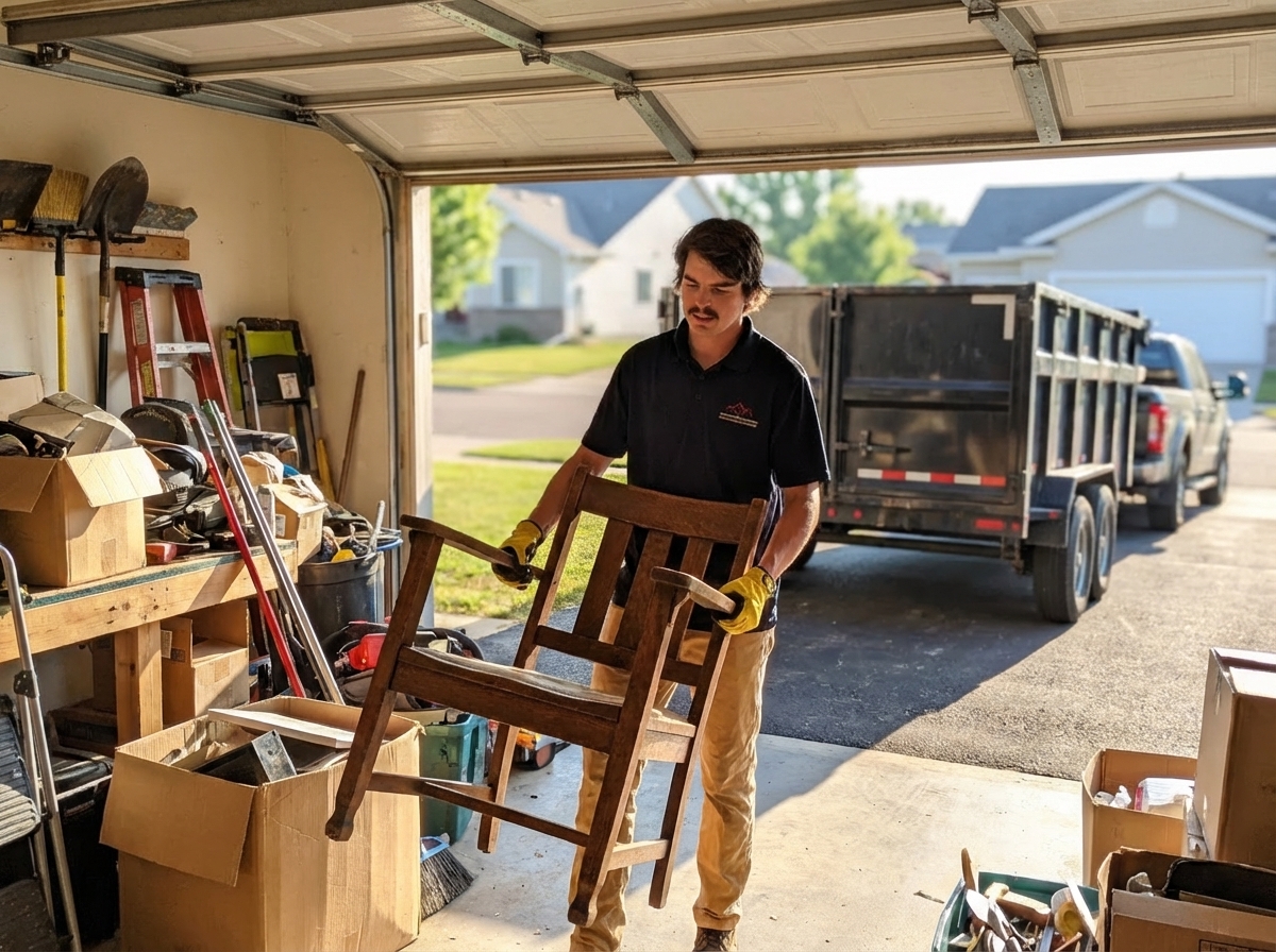Grime To Dime team member removing old furniture from a garage