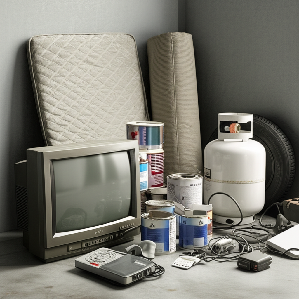 Hard-to-recycle items including CRT TV, mattress, paint cans, and tires