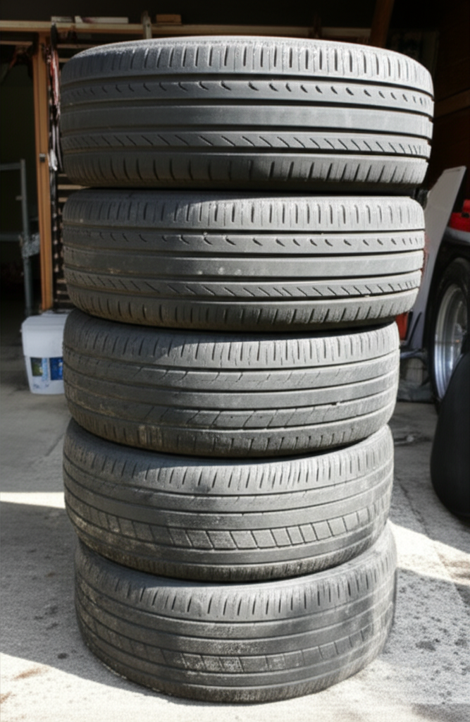 Old car tires stacked and ready for disposal or recycling